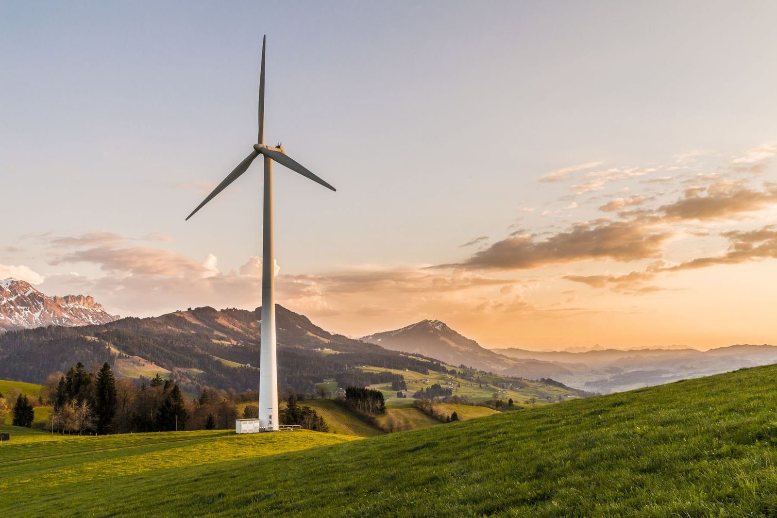 A wind turbine in evening light.